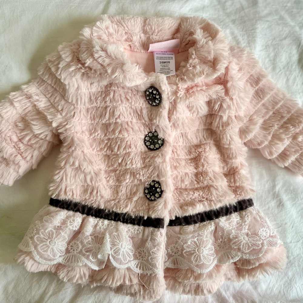 Little Lass Girls Fur Jacket Pink & Gray Silver Glitter Size 3-6MSparkle Buttons